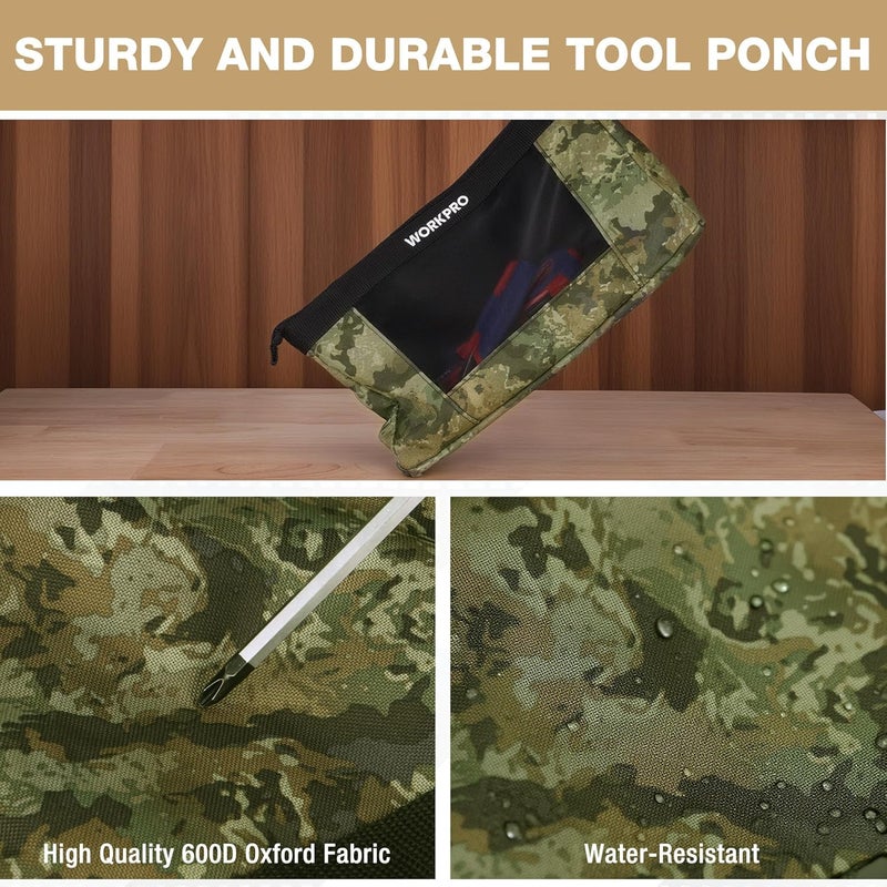 WORKPRO 12" Tool Pouches with Zipper, Heavy-Duty Small Tool Bag, Utility Small Tool Pouch for Tool Organizers and Storage, Mini Tool Bag, 3 Pack, Camo - Image 4